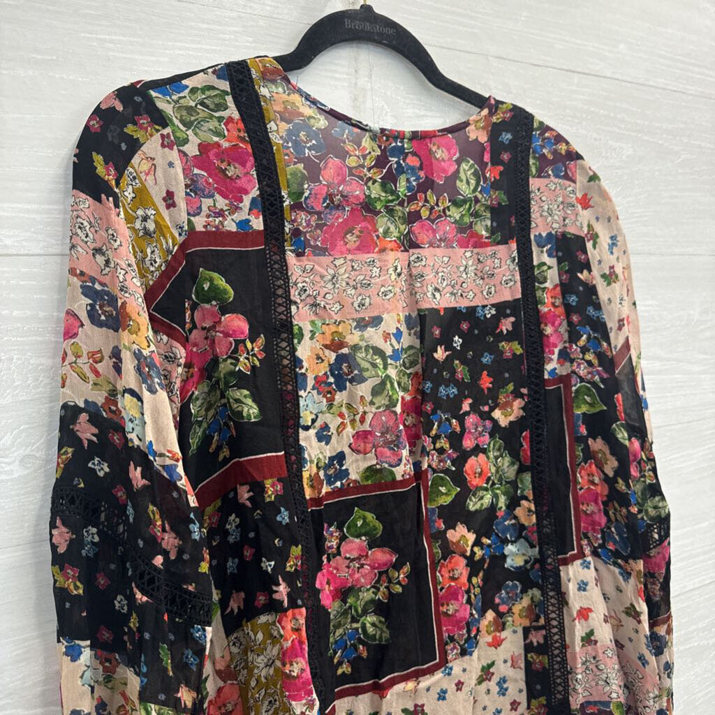 Johnny Was Jade Roswell Black/ Multi Patchwork Floral Long Sleeve Top Small