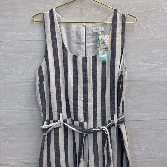 Gilli White/ Grey Striped Wide Leg Tie Waist Jumpsuit Large Petite