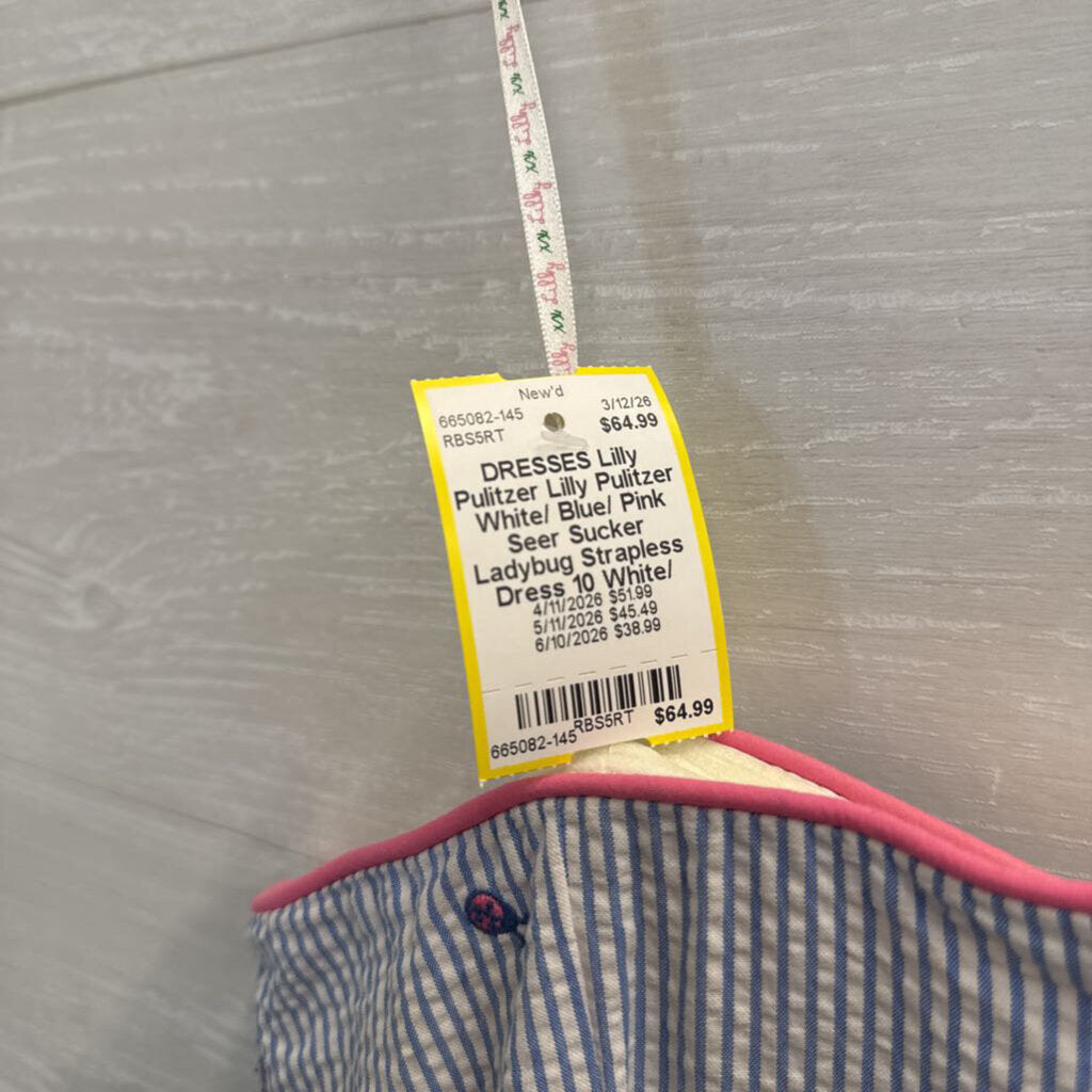 Lilly Pulitzer White/ Blue/ Pink Seer Sucker Ladybug Strapless Dress 10
