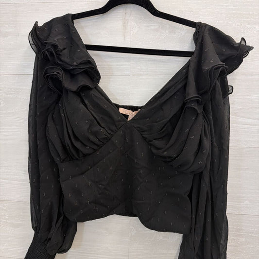 Hutch Black Metallic Dot Cropped Ruffle Detail Long Sleeve Top Large