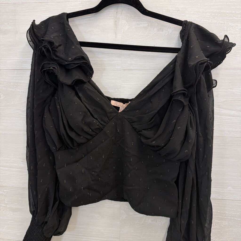 Hutch Black Metallic Dot Cropped Ruffle Detail Long Sleeve Top Large