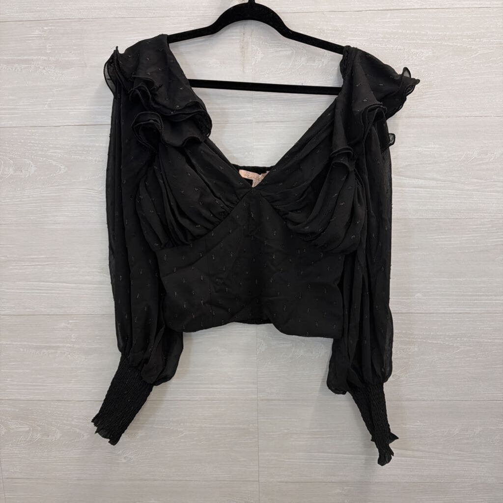 Hutch Black Metallic Dot Cropped Ruffle Detail Long Sleeve Top Large