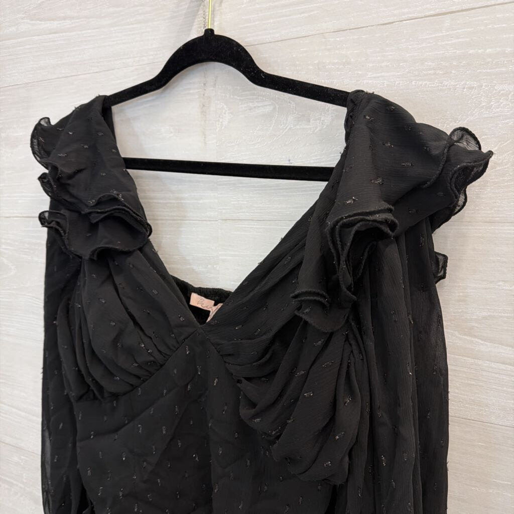 Hutch Black Metallic Dot Cropped Ruffle Detail Long Sleeve Top Large