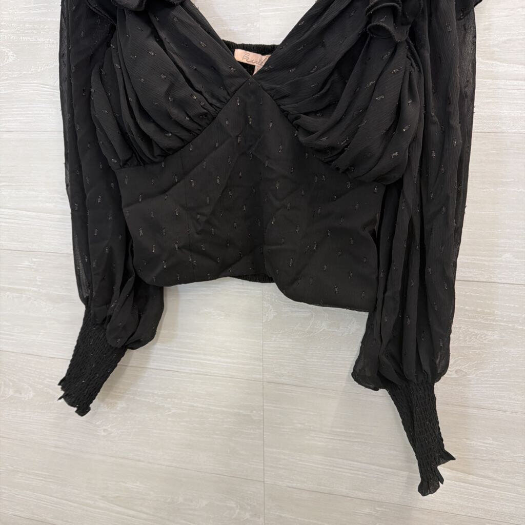 Hutch Black Metallic Dot Cropped Ruffle Detail Long Sleeve Top Large