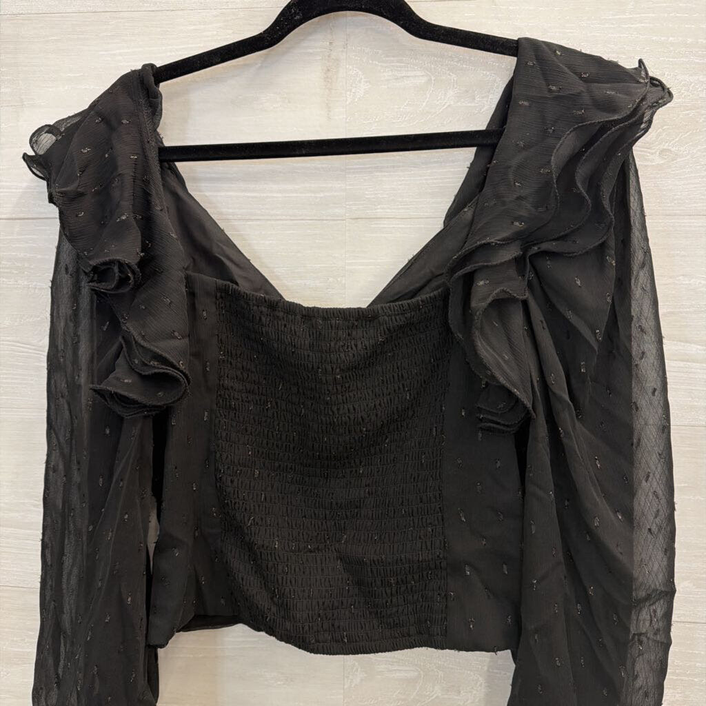 Hutch Black Metallic Dot Cropped Ruffle Detail Long Sleeve Top Large