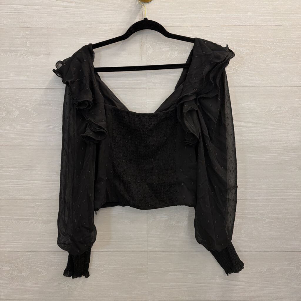 Hutch Black Metallic Dot Cropped Ruffle Detail Long Sleeve Top Large