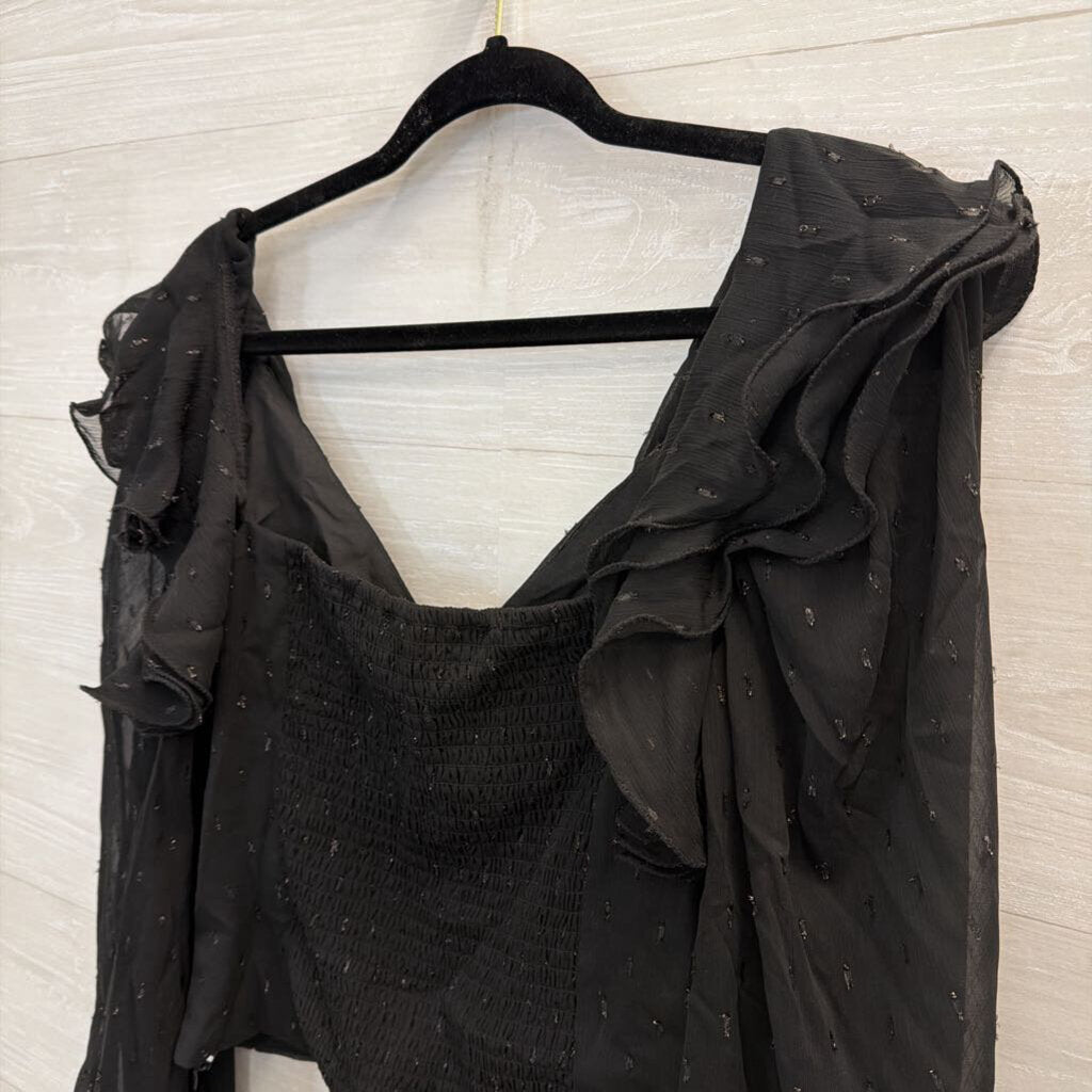 Hutch Black Metallic Dot Cropped Ruffle Detail Long Sleeve Top Large