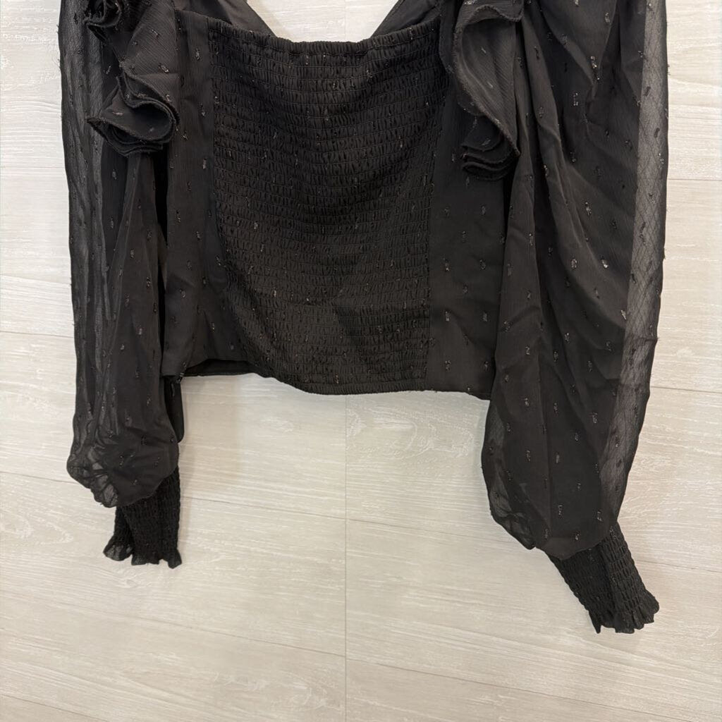 Hutch Black Metallic Dot Cropped Ruffle Detail Long Sleeve Top Large