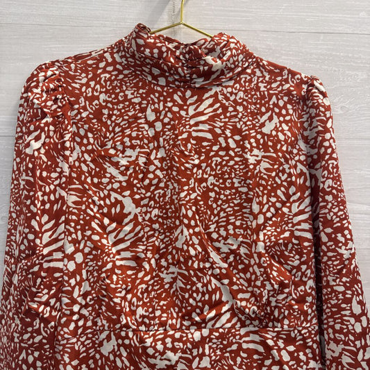 Lush Orange/ White Print Silky Long Sleeve Mock Neck Top Large