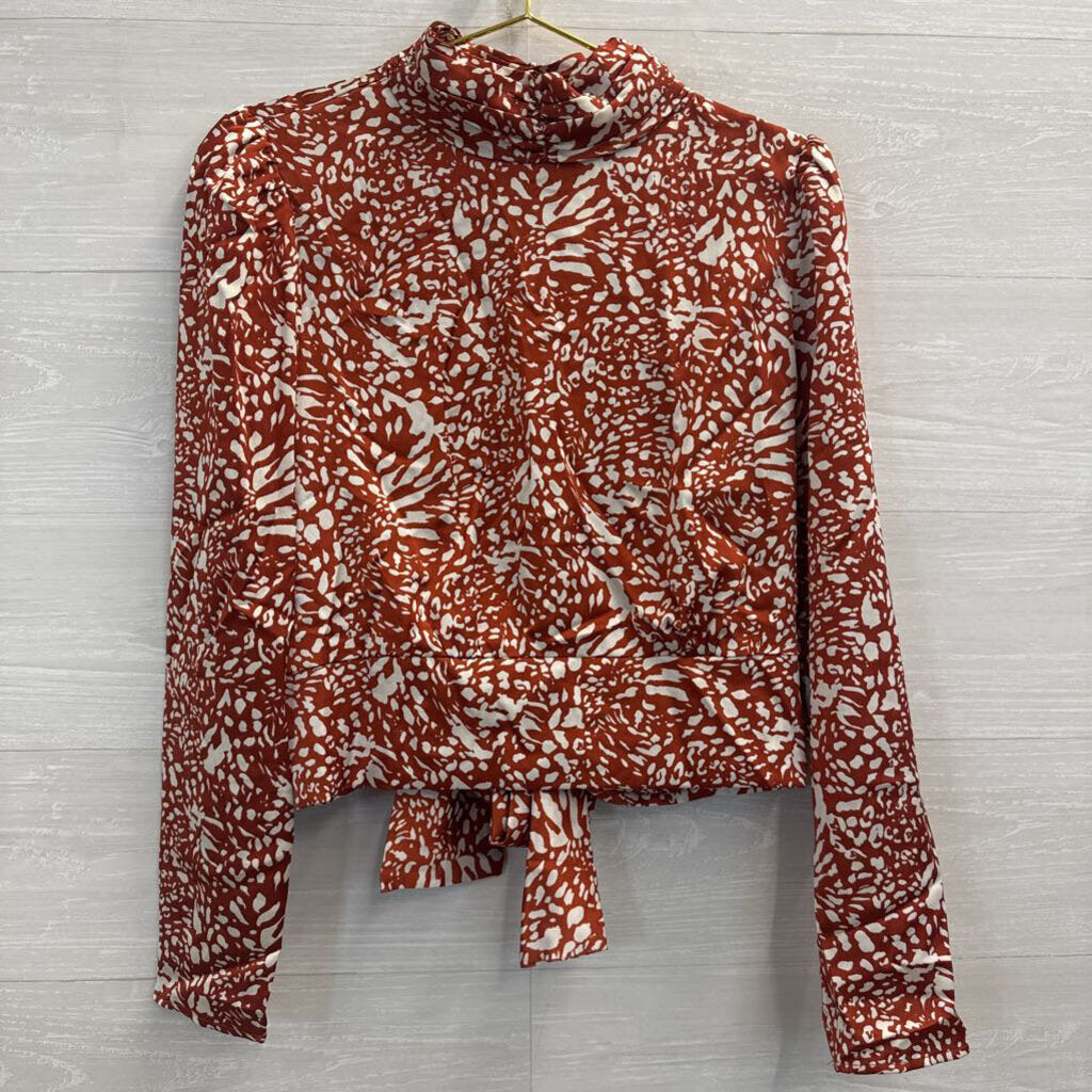 Lush Orange/ White Print Silky Long Sleeve Mock Neck Top Large