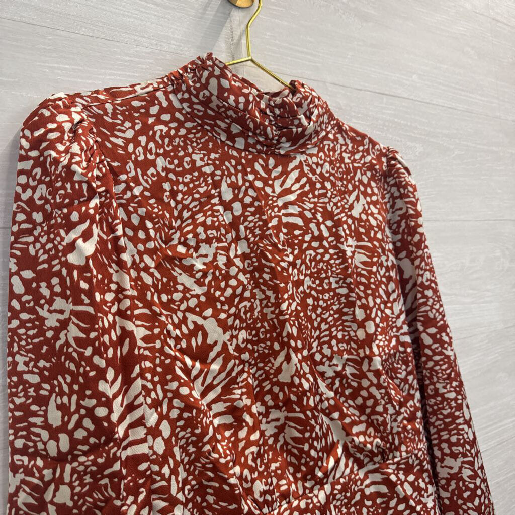 Lush Orange/ White Print Silky Long Sleeve Mock Neck Top Large