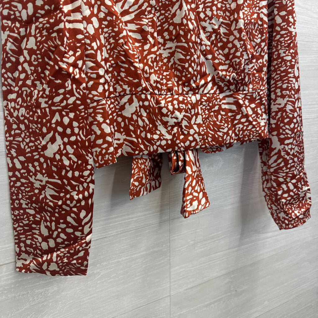 Lush Orange/ White Print Silky Long Sleeve Mock Neck Top Large