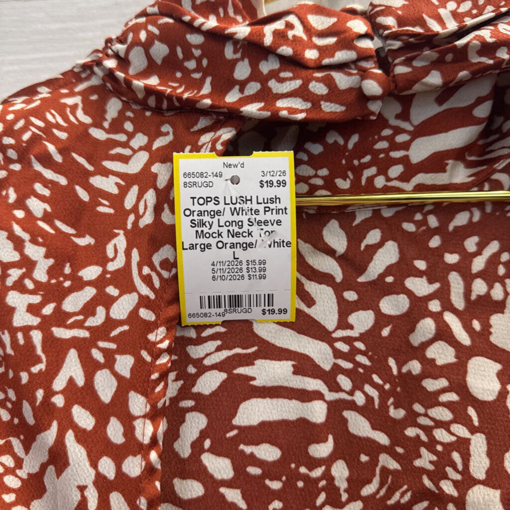 Lush Orange/ White Print Silky Long Sleeve Mock Neck Top Large