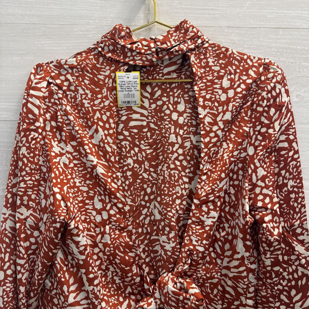 Lush Orange/ White Print Silky Long Sleeve Mock Neck Top Large