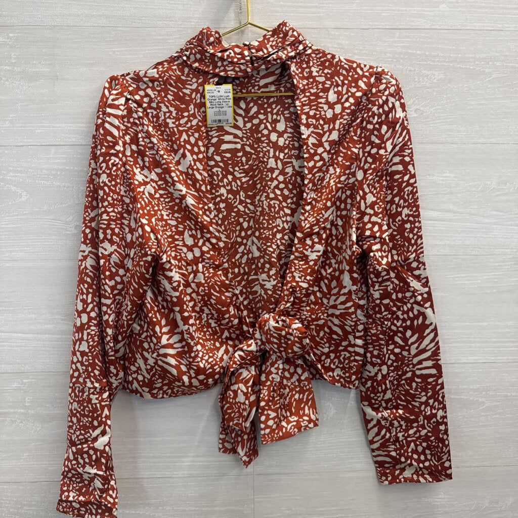 Lush Orange/ White Print Silky Long Sleeve Mock Neck Top Large
