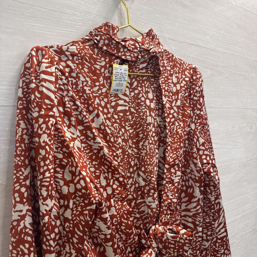 Lush Orange/ White Print Silky Long Sleeve Mock Neck Top Large