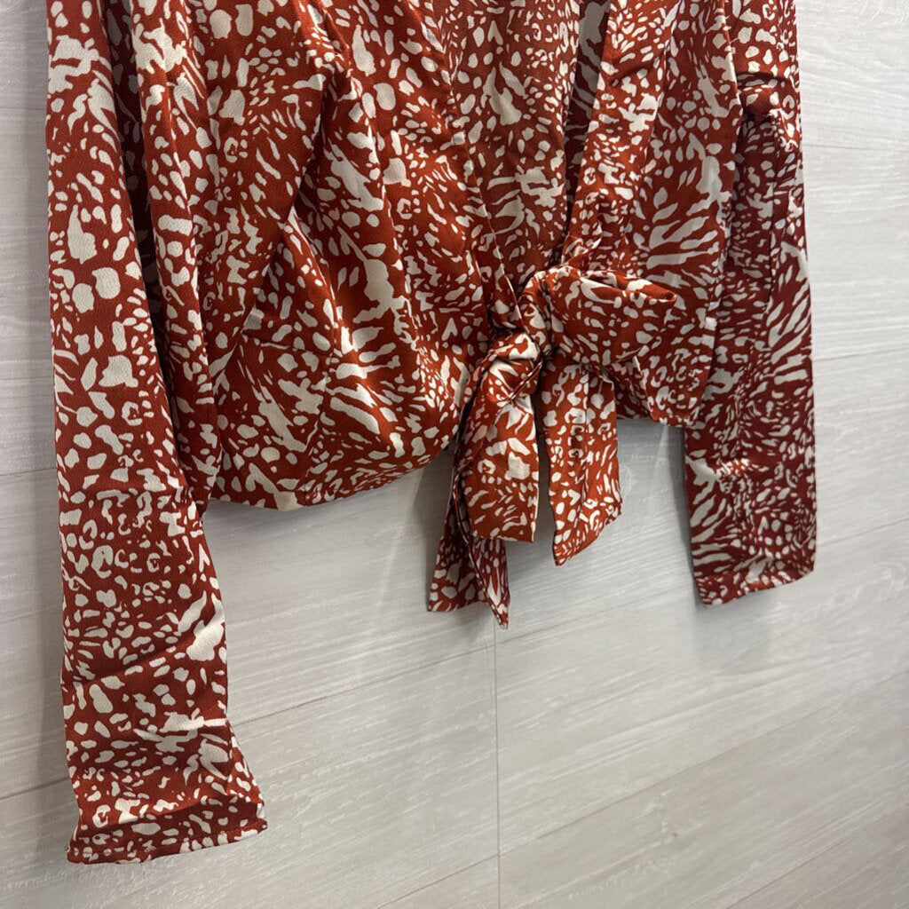 Lush Orange/ White Print Silky Long Sleeve Mock Neck Top Large