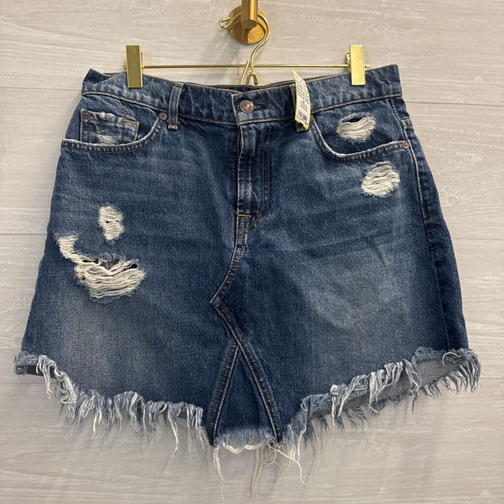 7 For All Mankind Dark Wash Distressed Fray Hem Denim Skirt 28