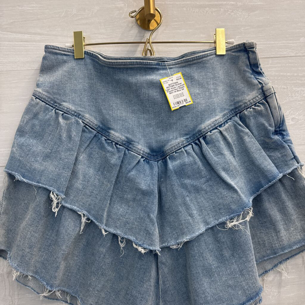 Mother Light Wash Layered Frayed Hem Denim Skirt 34