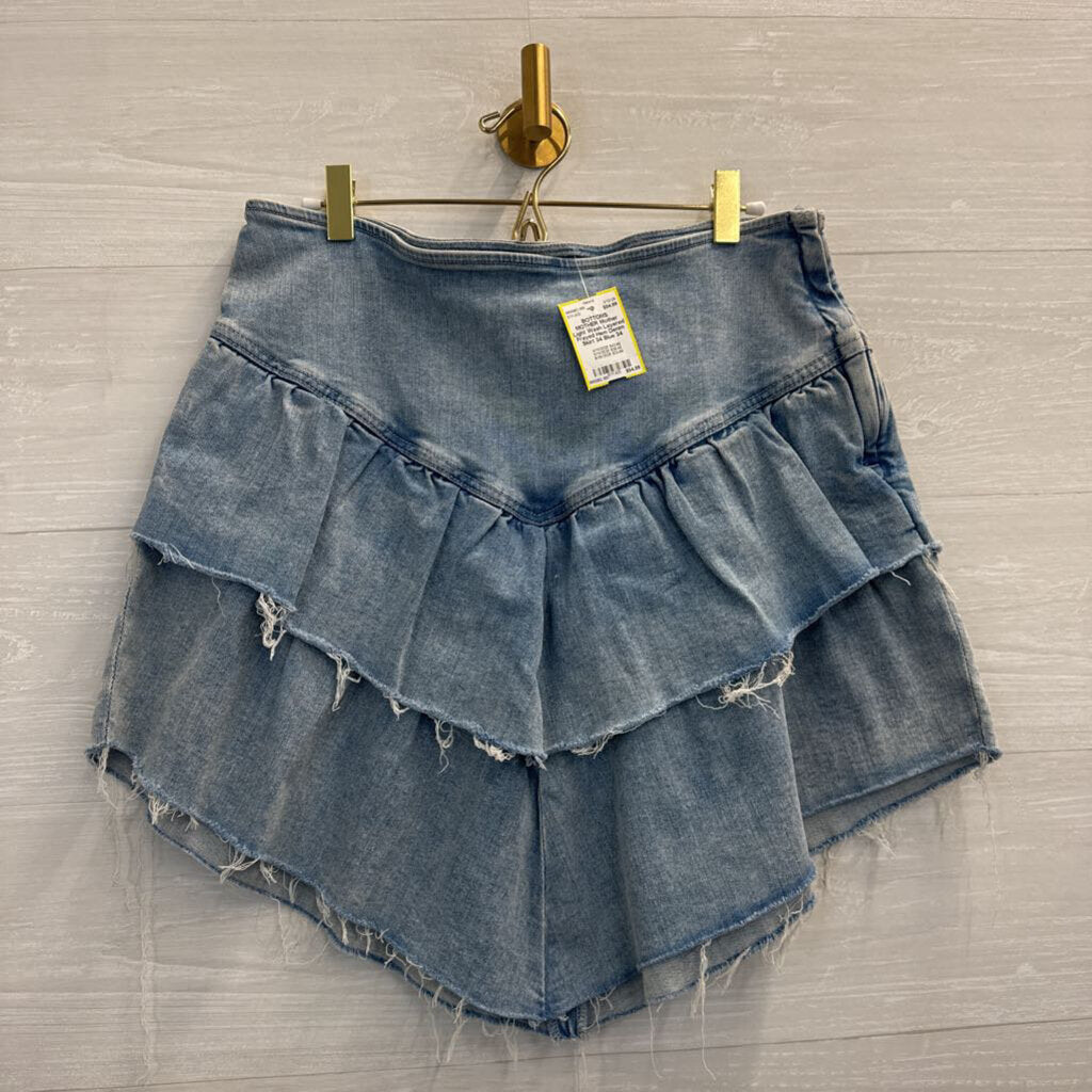 Mother Light Wash Layered Frayed Hem Denim Skirt 34