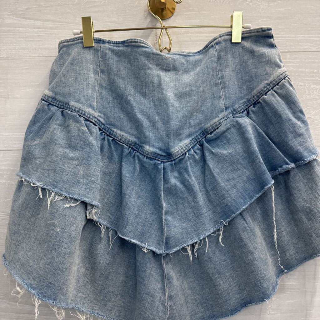 Mother Light Wash Layered Frayed Hem Denim Skirt 34