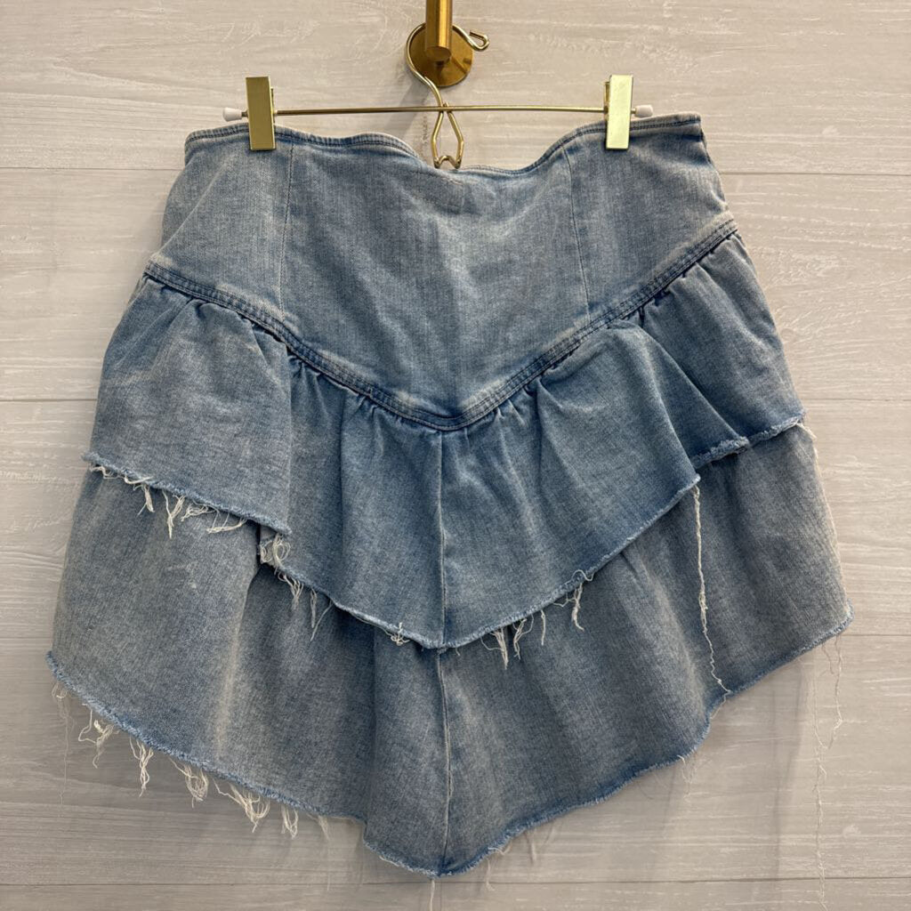 Mother Light Wash Layered Frayed Hem Denim Skirt 34