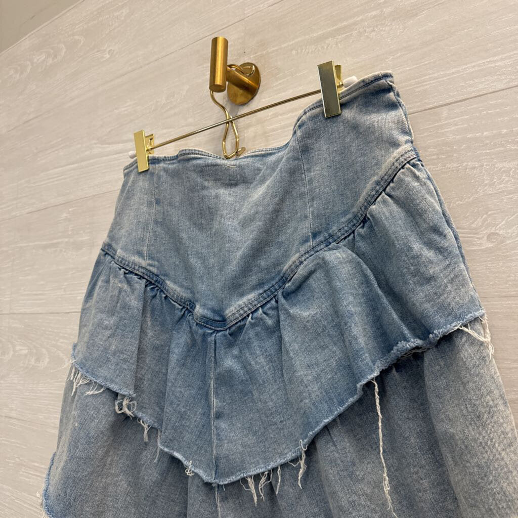 Mother Light Wash Layered Frayed Hem Denim Skirt 34