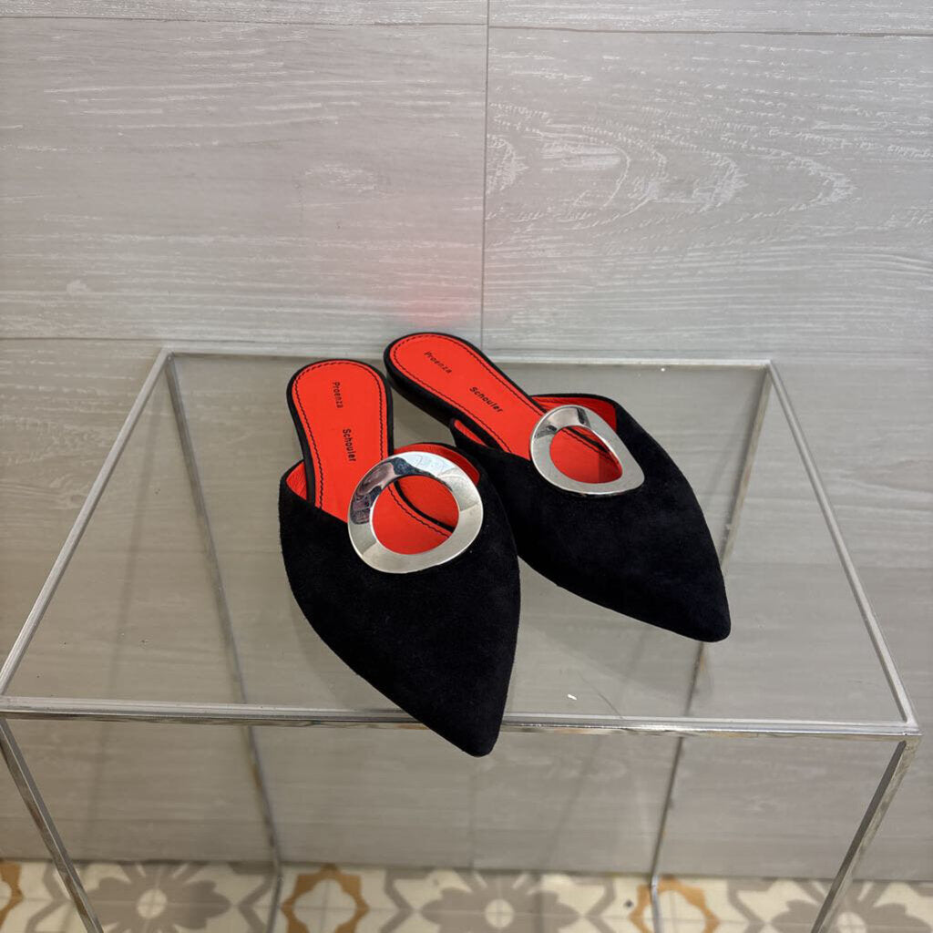 Proenza Schouler Black Suede Grommet Point Toe Slides 37.5