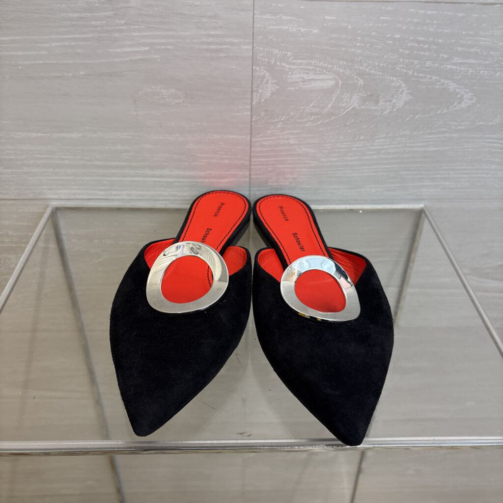Proenza Schouler Black Suede Grommet Point Toe Slides 37.5
