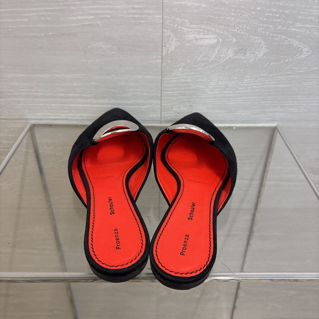 Proenza Schouler Black Suede Grommet Point Toe Slides 37.5