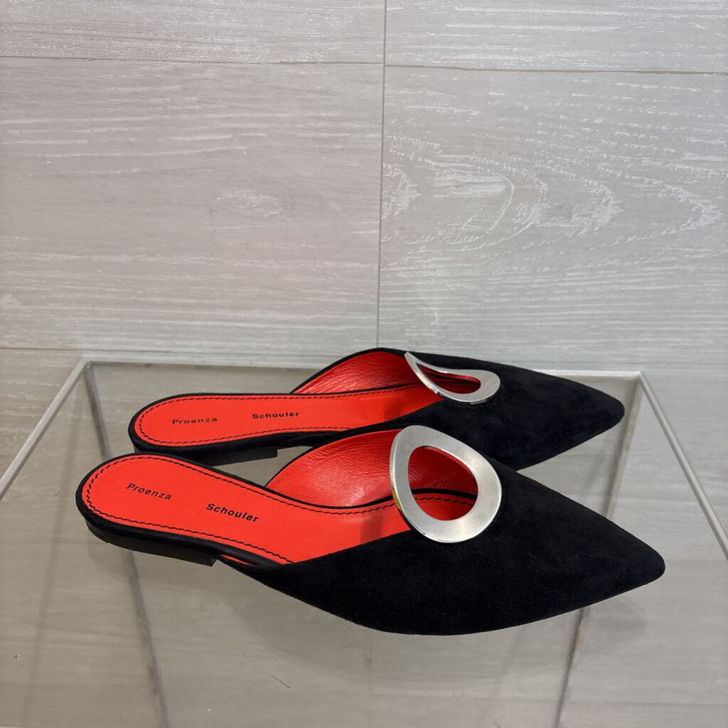 Proenza Schouler Black Suede Grommet Point Toe Slides 37.5