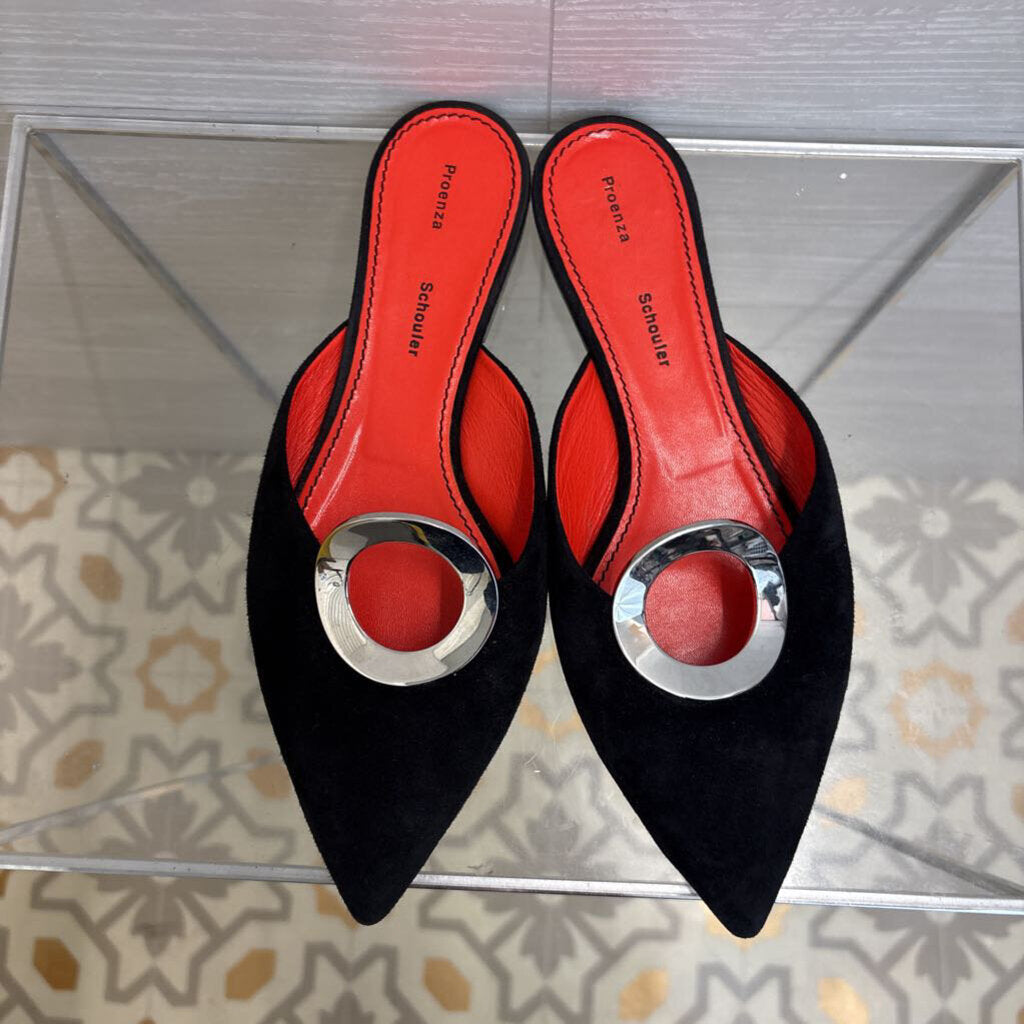 Proenza Schouler Black Suede Grommet Point Toe Slides 37.5