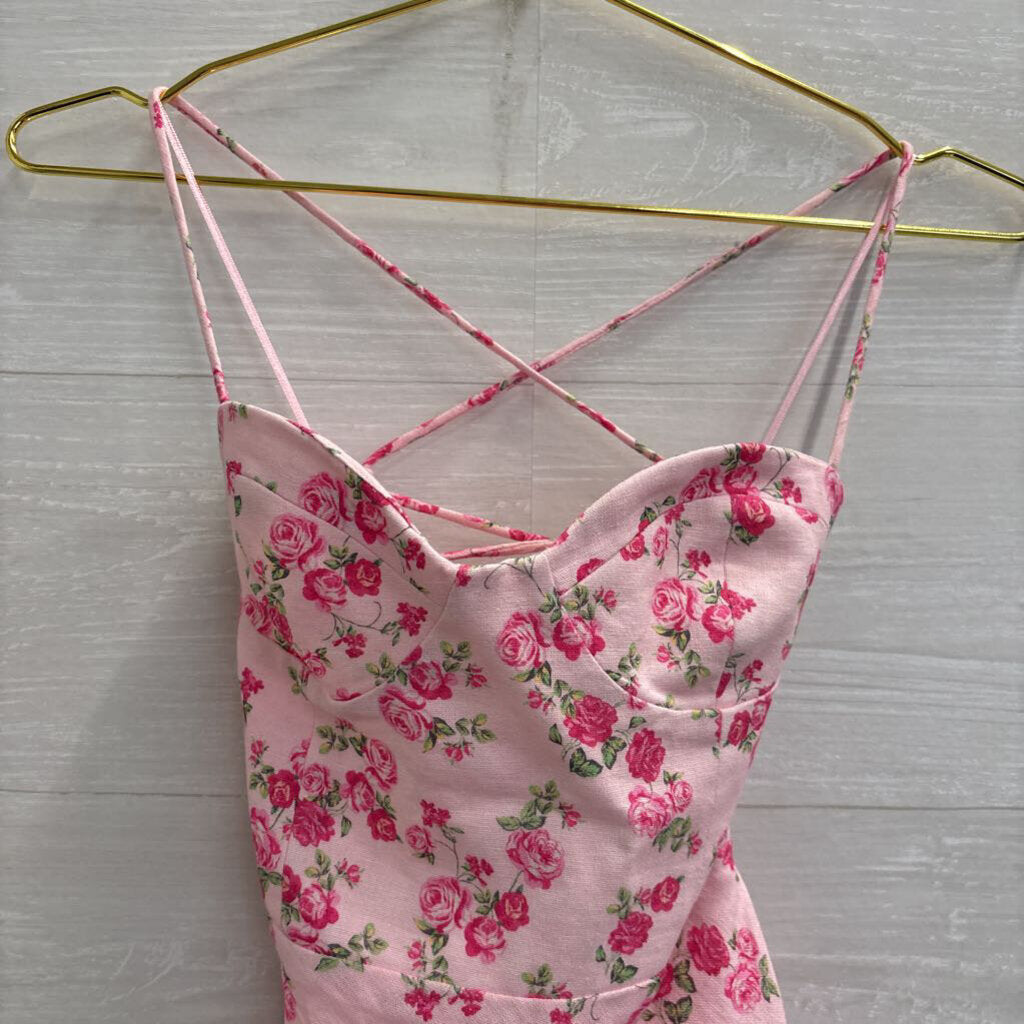 Zara Pink Floral Linen Blend Lace Up Back Mini Dress Extra Small