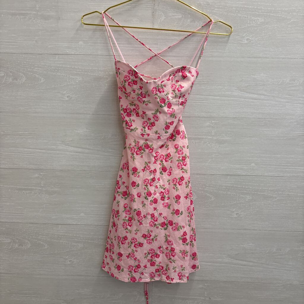 Zara Pink Floral Linen Blend Lace Up Back Mini Dress Extra Small