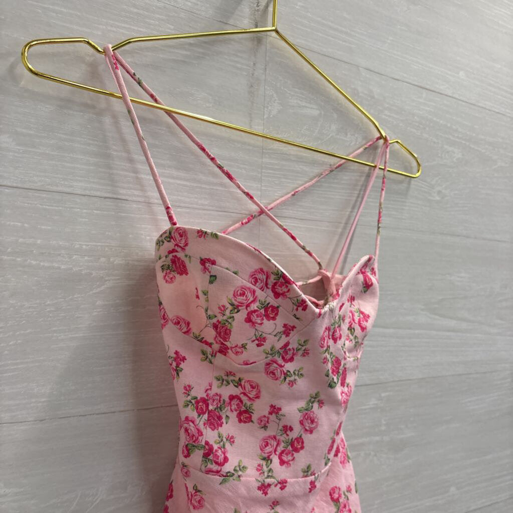 Zara Pink Floral Linen Blend Lace Up Back Mini Dress Extra Small