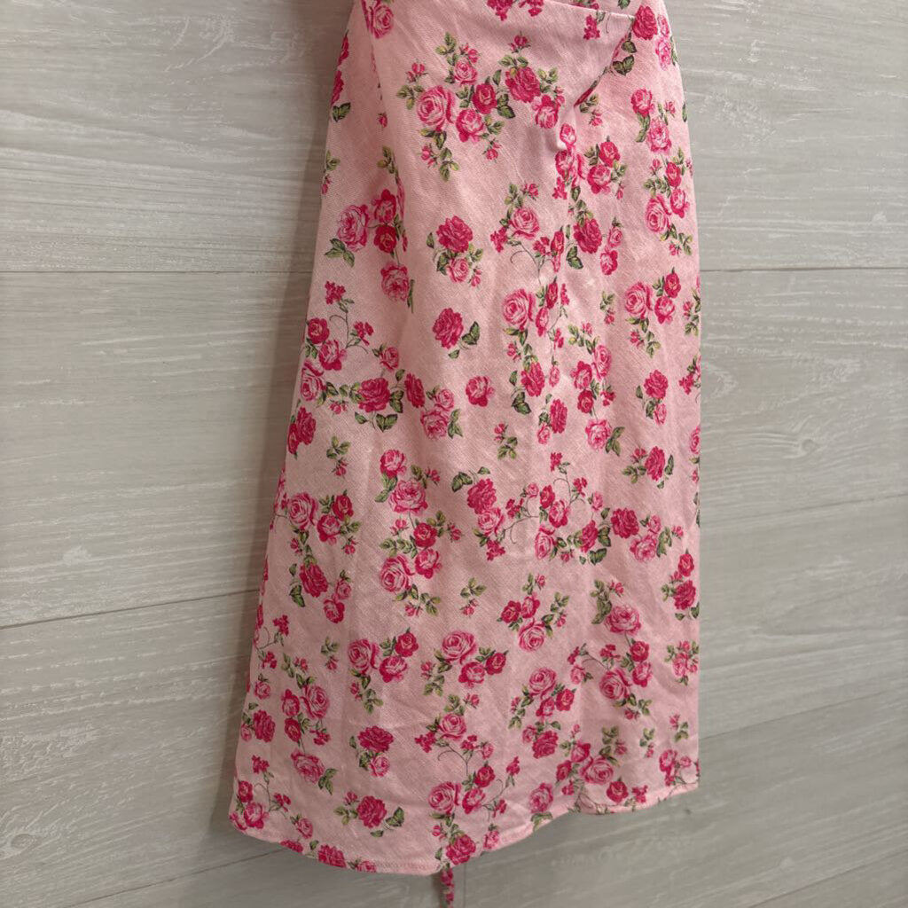 Zara Pink Floral Linen Blend Lace Up Back Mini Dress Extra Small