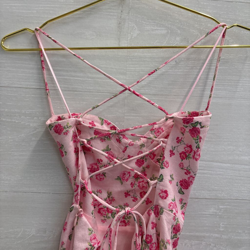 Zara Pink Floral Linen Blend Lace Up Back Mini Dress Extra Small