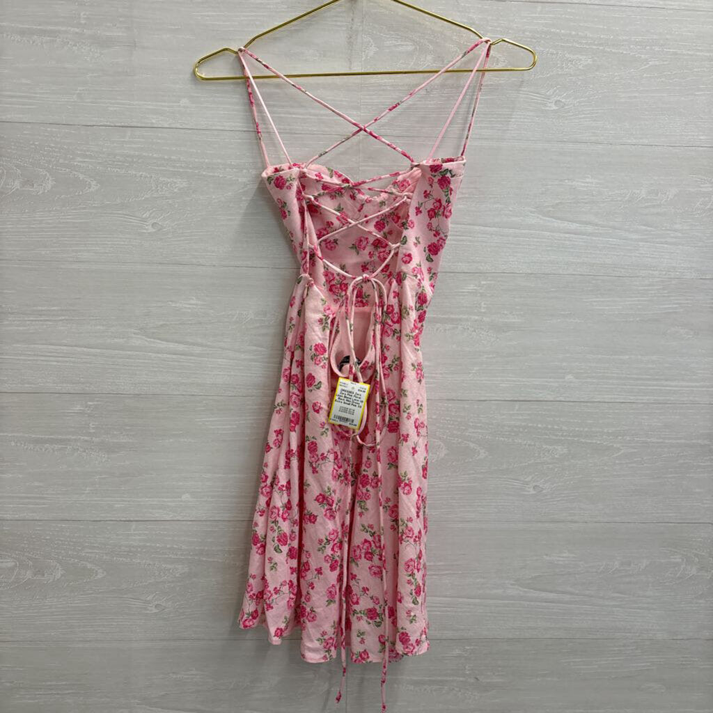 Zara Pink Floral Linen Blend Lace Up Back Mini Dress Extra Small