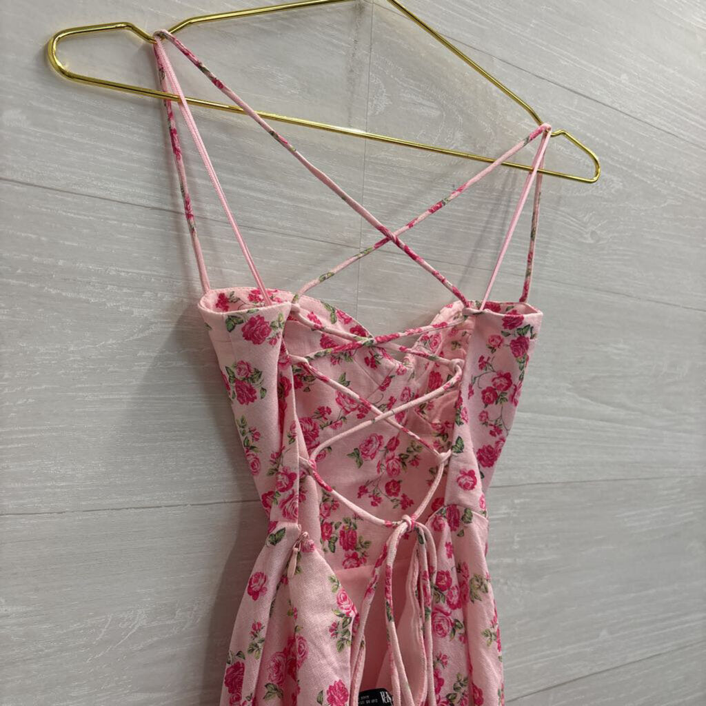 Zara Pink Floral Linen Blend Lace Up Back Mini Dress Extra Small