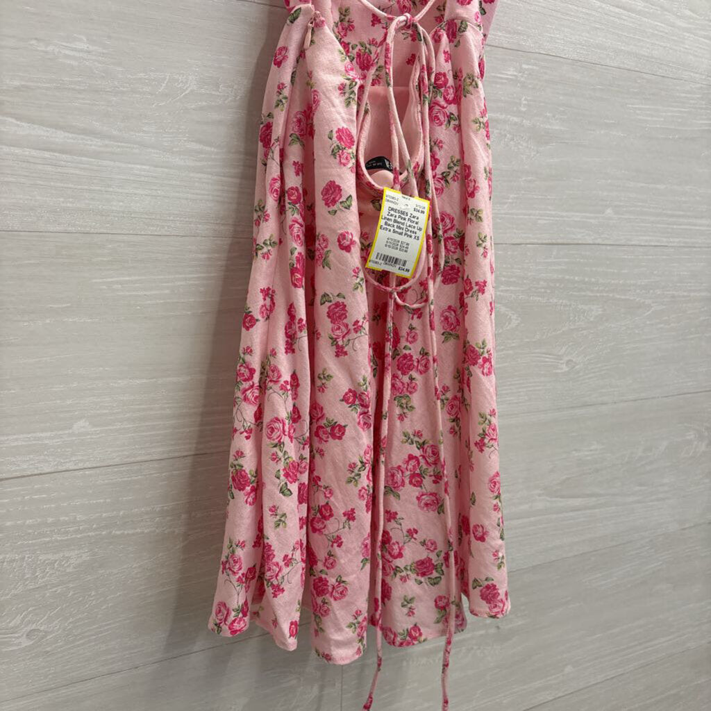 Zara Pink Floral Linen Blend Lace Up Back Mini Dress Extra Small