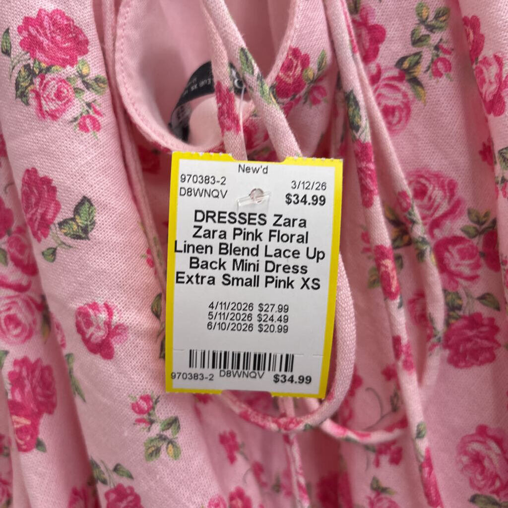 Zara Pink Floral Linen Blend Lace Up Back Mini Dress Extra Small