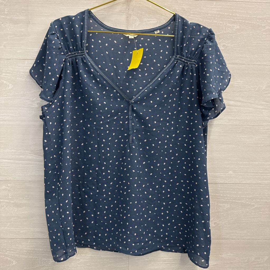 Max Studio Blue/ White Dot Short Ruffle Sleeve Top Extra Large