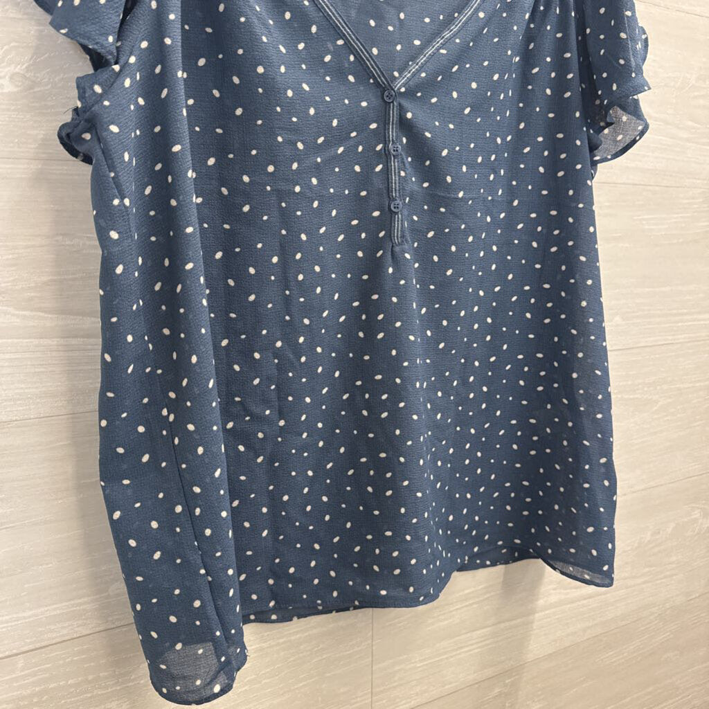 Max Studio Blue/ White Dot Short Ruffle Sleeve Top Extra Large