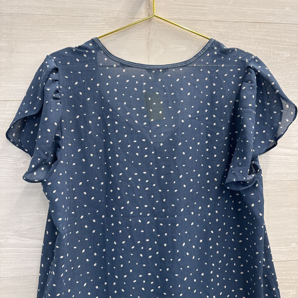 Max Studio Blue/ White Dot Short Ruffle Sleeve Top Extra Large