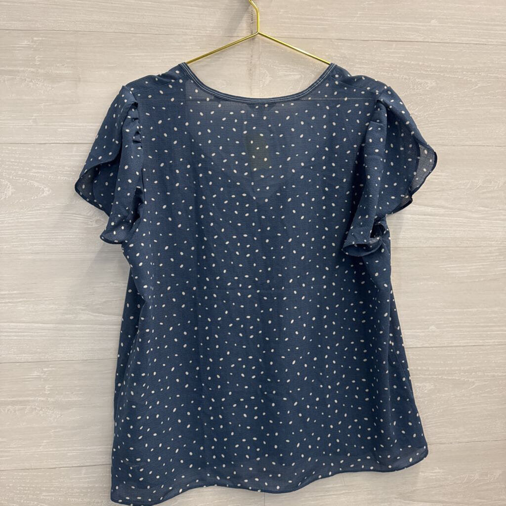 Max Studio Blue/ White Dot Short Ruffle Sleeve Top Extra Large
