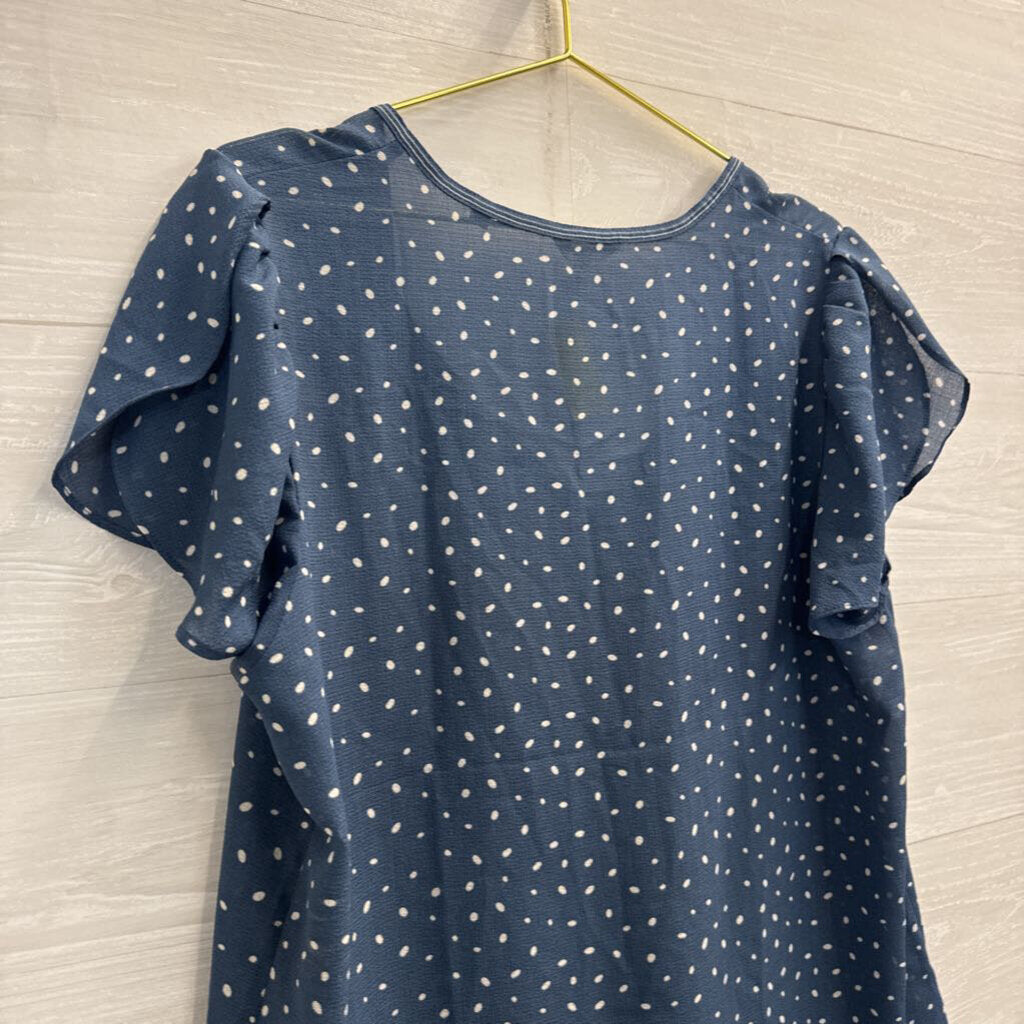 Max Studio Blue/ White Dot Short Ruffle Sleeve Top Extra Large