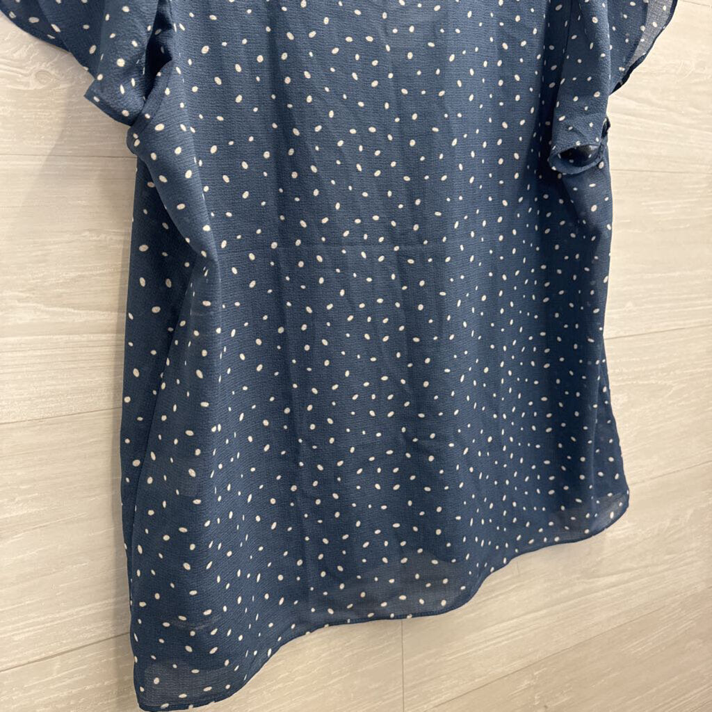 Max Studio Blue/ White Dot Short Ruffle Sleeve Top Extra Large