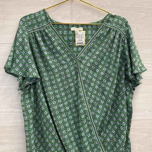 Max Studio Green/ Blue Print Short Ruffle Sleeve Top 1X