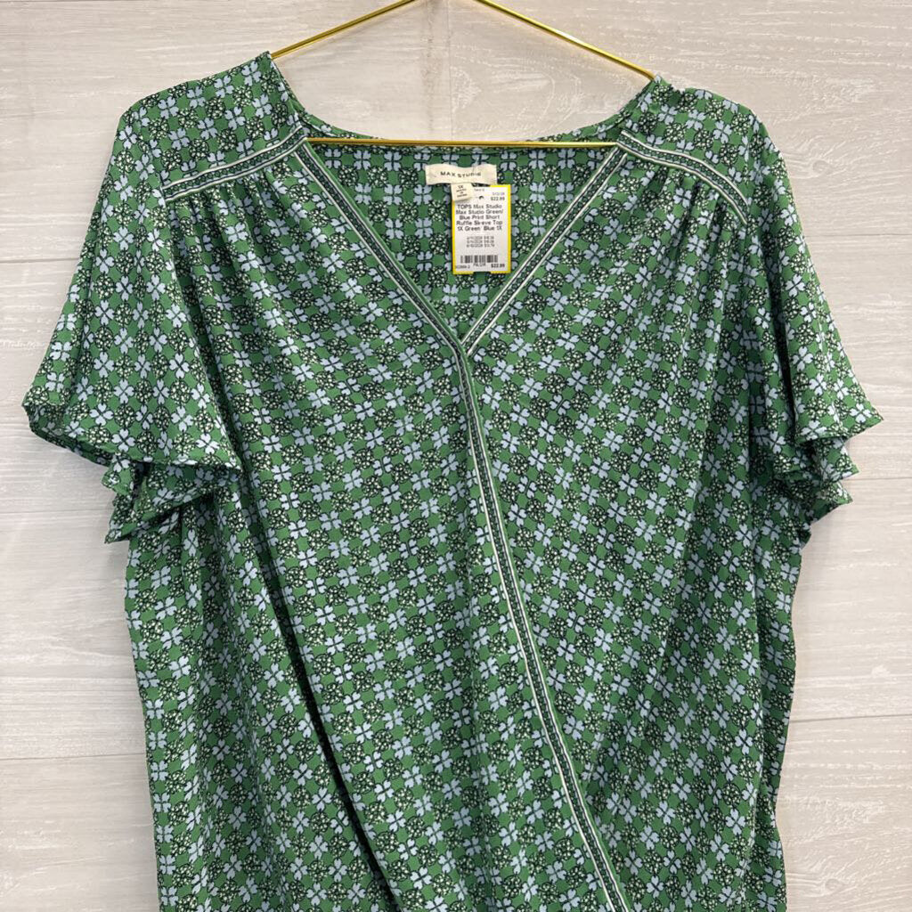 Max Studio Green/ Blue Print Short Ruffle Sleeve Top 1X
