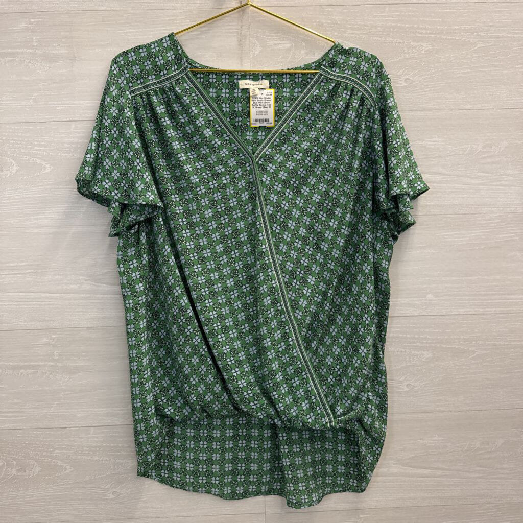 Max Studio Green/ Blue Print Short Ruffle Sleeve Top 1X